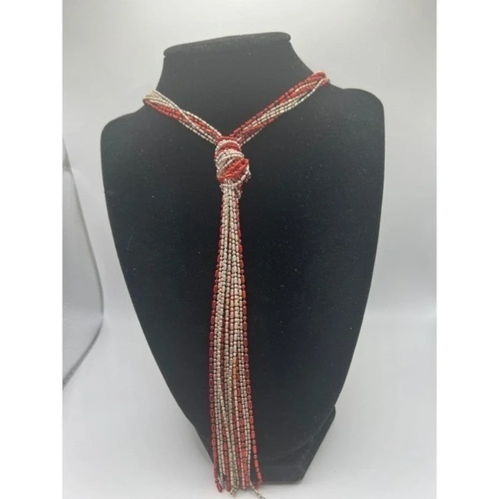 Red Silver‎ Beaded Lariat Necklace 7